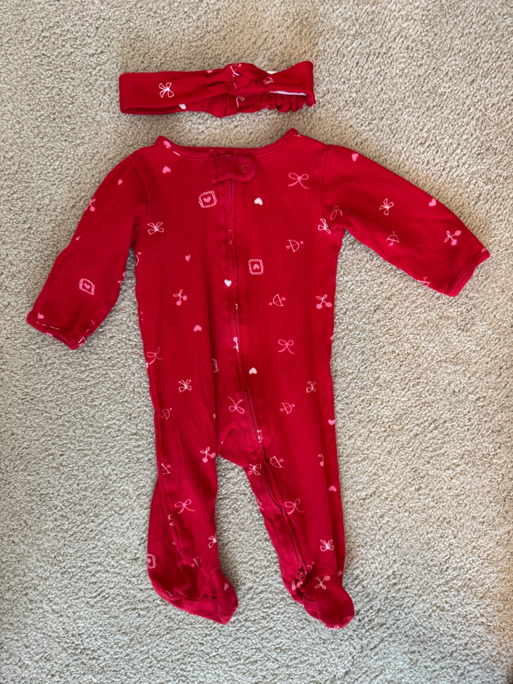 Carter's Red Baby Footed One-Piece with Pink Heart & Bow Print + Headband